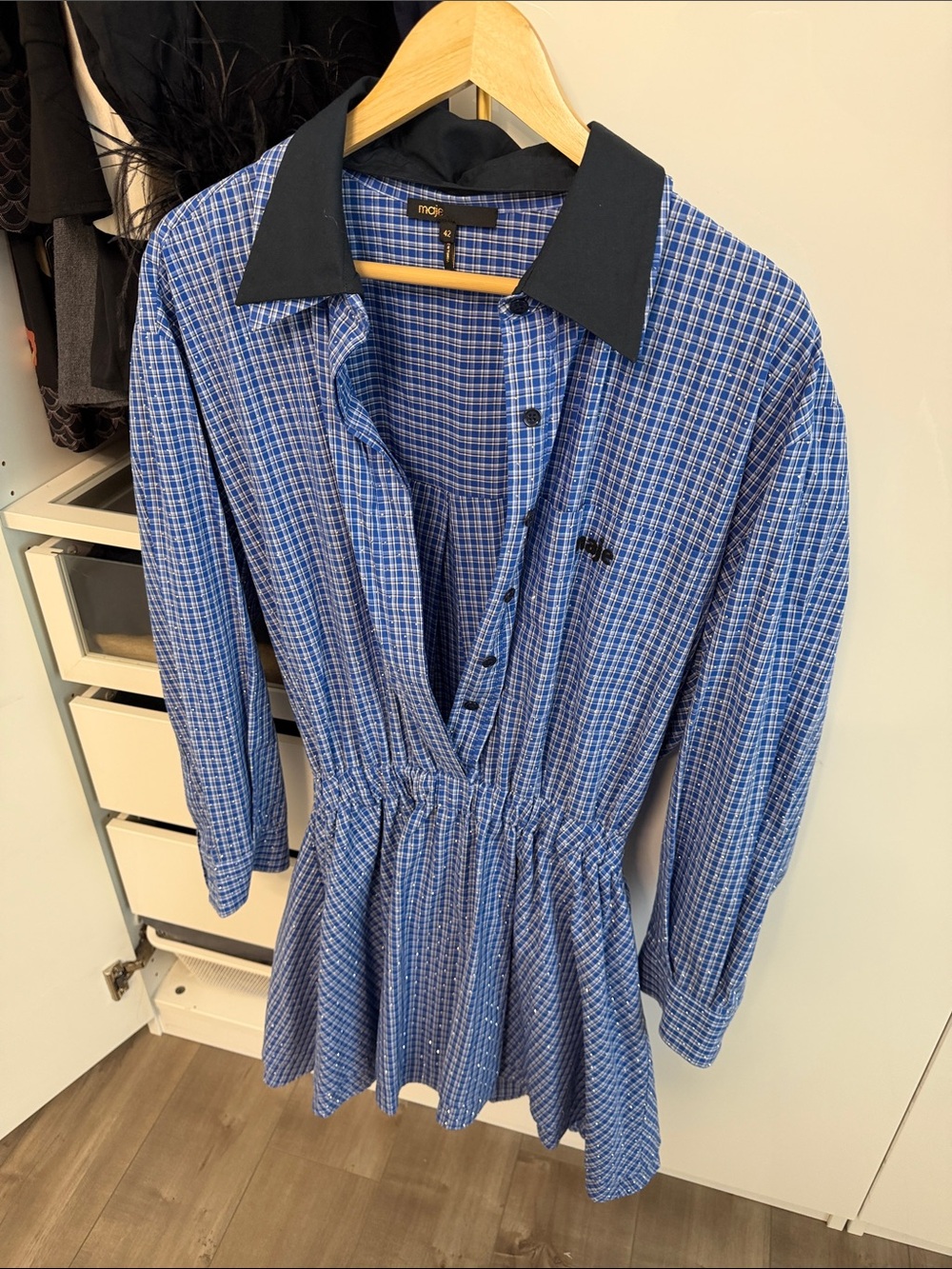 Maje Blue Plaid Mini Dress with Black Collar